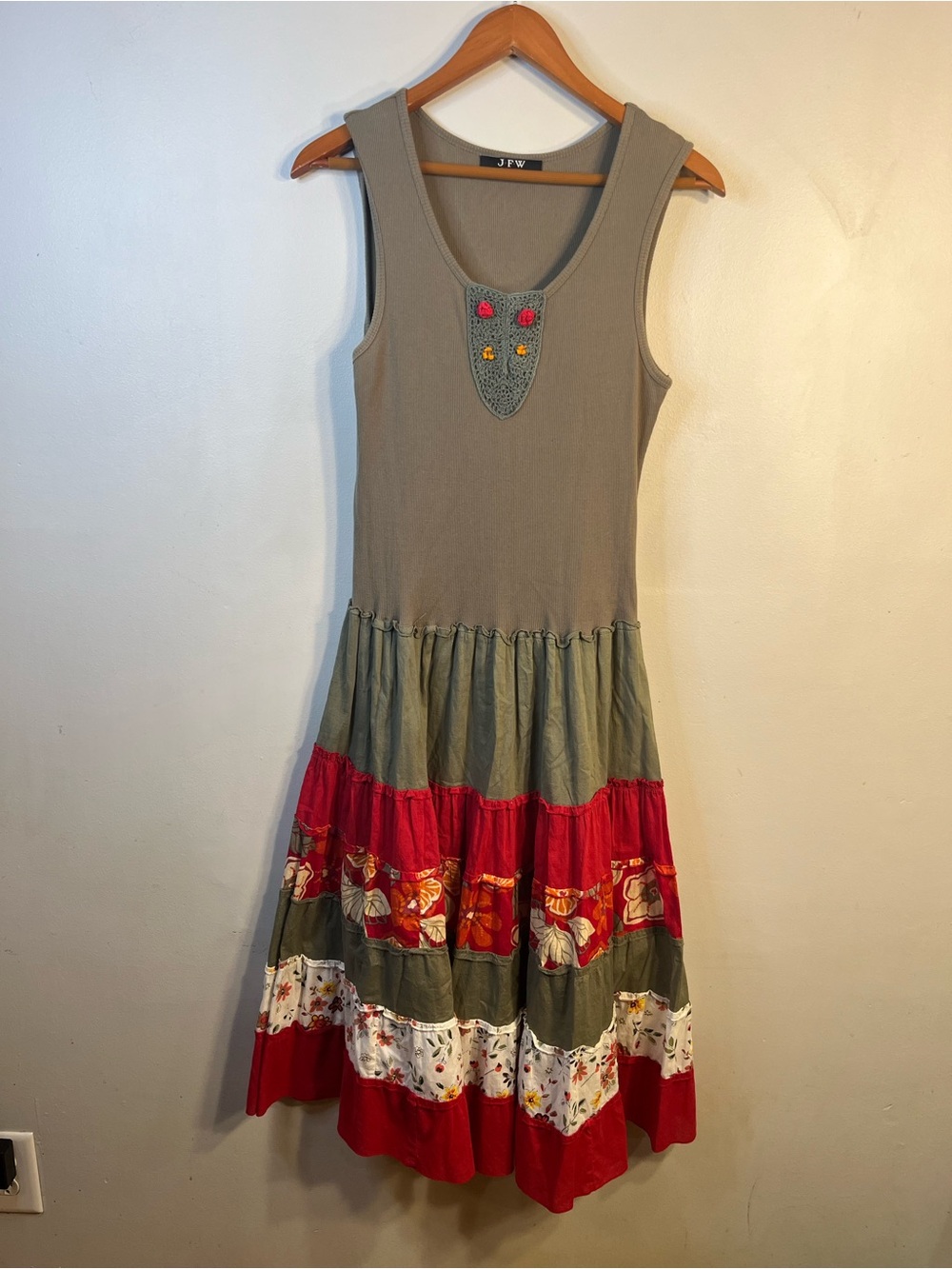 Sleeveless Boho Tiered Maxi Dress in Olive and Red by JFW